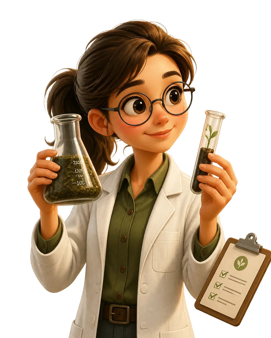 Illustration of a young female agricultural scientist in a lab coat holding a soil beaker and a test tube with a sprout